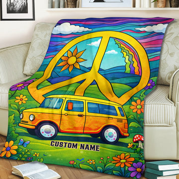 Personalized Hippie Peace Van Blanket – Custom Name Retro 70s Boho Throw Gift for Van Life & Festival Lovers
