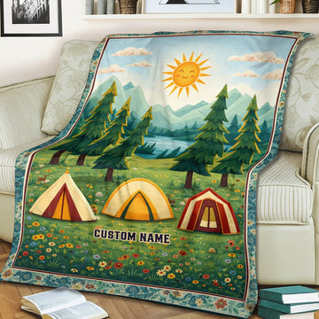Personalized Camping Tent Blanket – Custom Name Outdoor Adventure Throw Gift for Nature Lovers