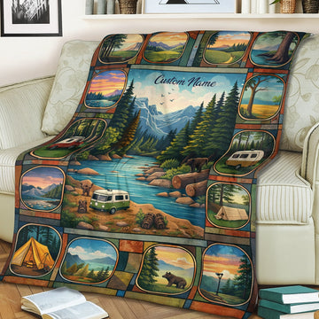Personalized Mountain Camping Blanket – Custom Name National Park River Van Life Quilt Throw