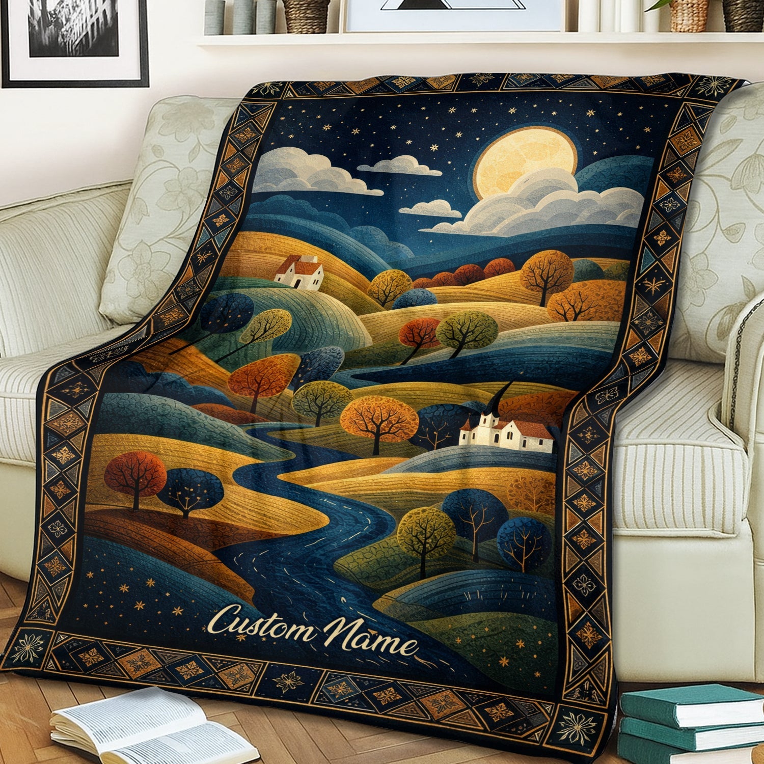 Personalized Moonlit Landscape Blanket – Custom Name Night Sky Hills & River Art Quilt Throw