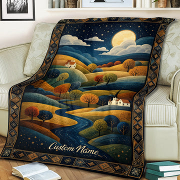 Personalized Moonlit Landscape Blanket – Custom Name Night Sky Hills & River Art Quilt Throw
