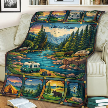 Personalized Mountain Camping Blanket – Custom Name Van Life River Forest Adventure Quilt Throw
