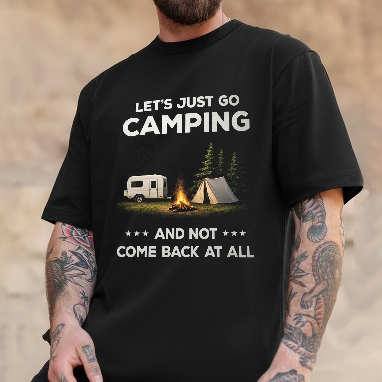 Let’s Just Go Camping T-Shirt – Funny RV Tent Campfire Graphic Shirt for Campers, Outdoor Escape & Adventure Lovers