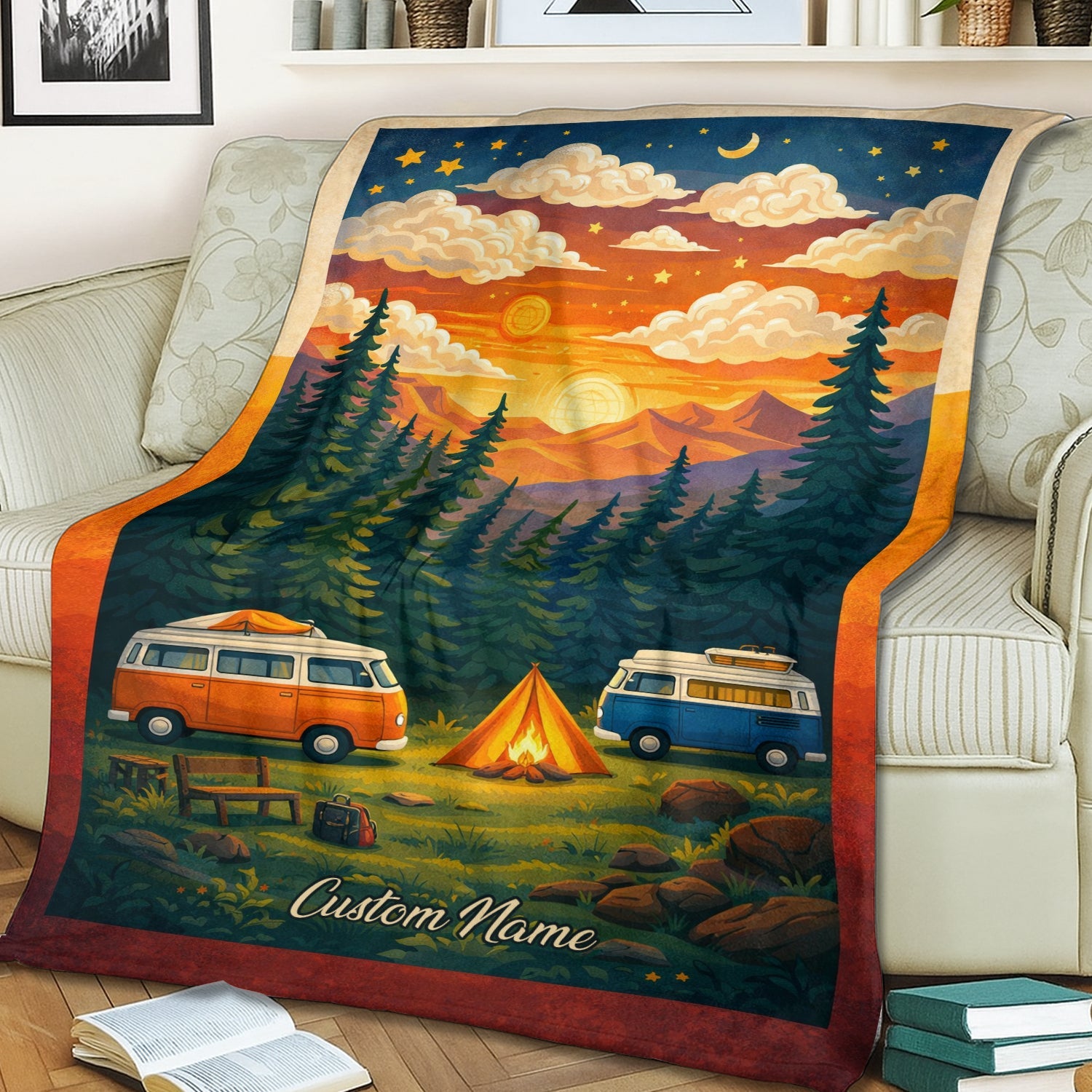 Personalized Camper Van Sunset Blanket – Custom Name Van Life Couple Camping Quilt Throw