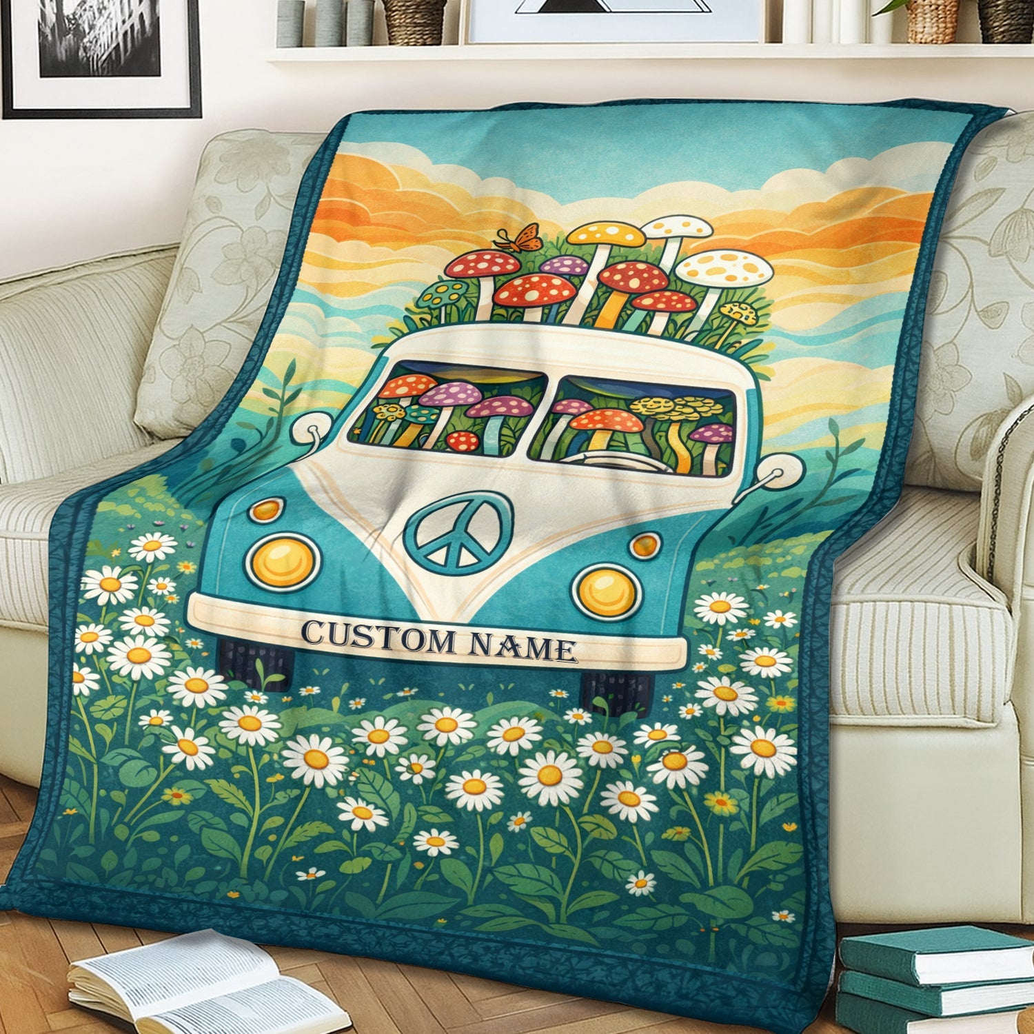 Personalized Boho Camper Van Blanket – Custom Name Mushroom Peace Van Throw for Hippie & Boho Lovers