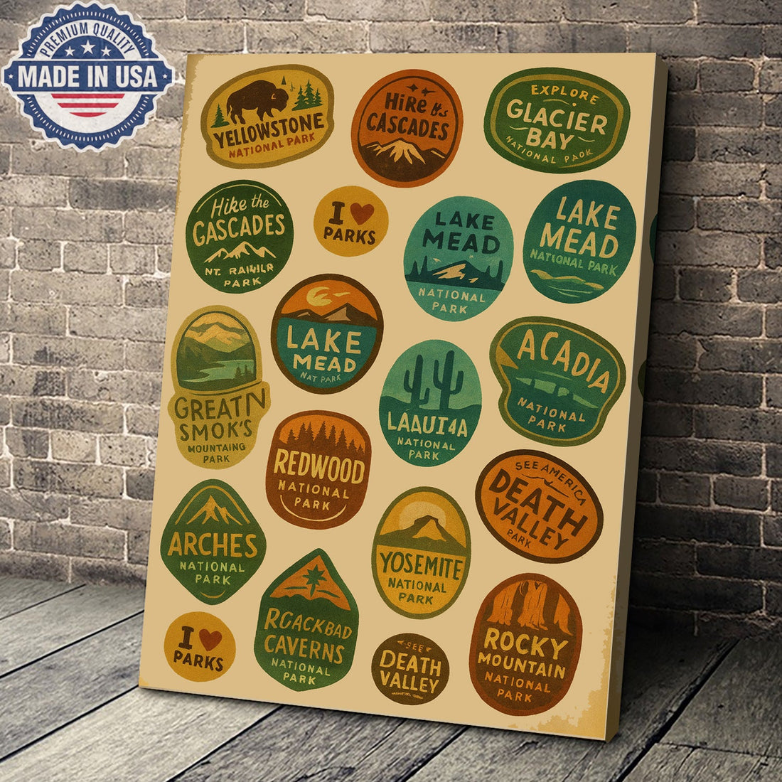 US National Parks Vintage Poster – Retro Travel Badges Wall Art Canvas, Gift for Campers