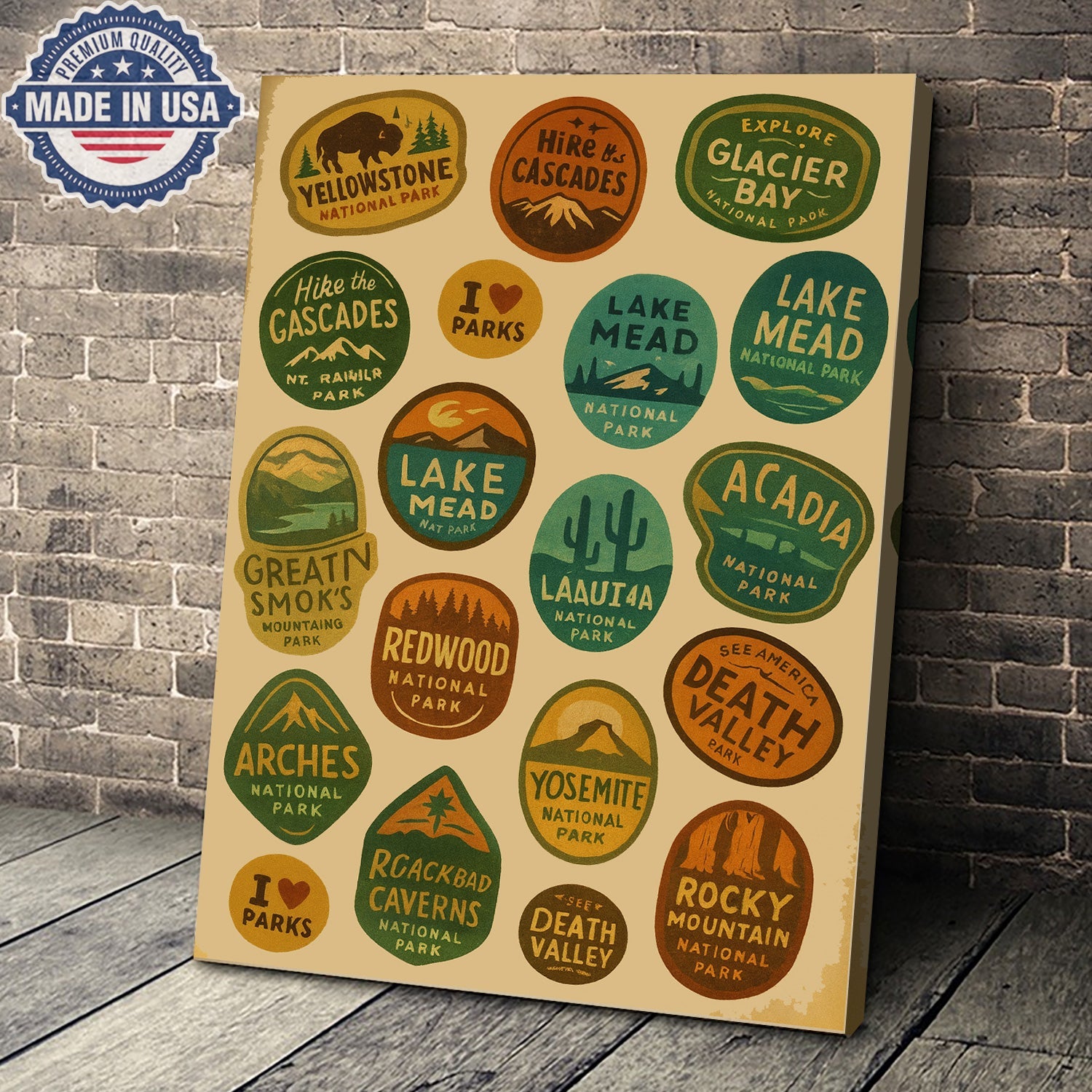 US National Parks Vintage Poster – Retro Travel Badges Wall Art Canvas, Gift for Campers