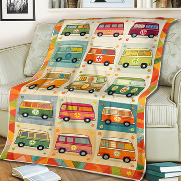 Personalized Hippie Van Blanket – Custom Name Retro Peace Camper Throw Gift