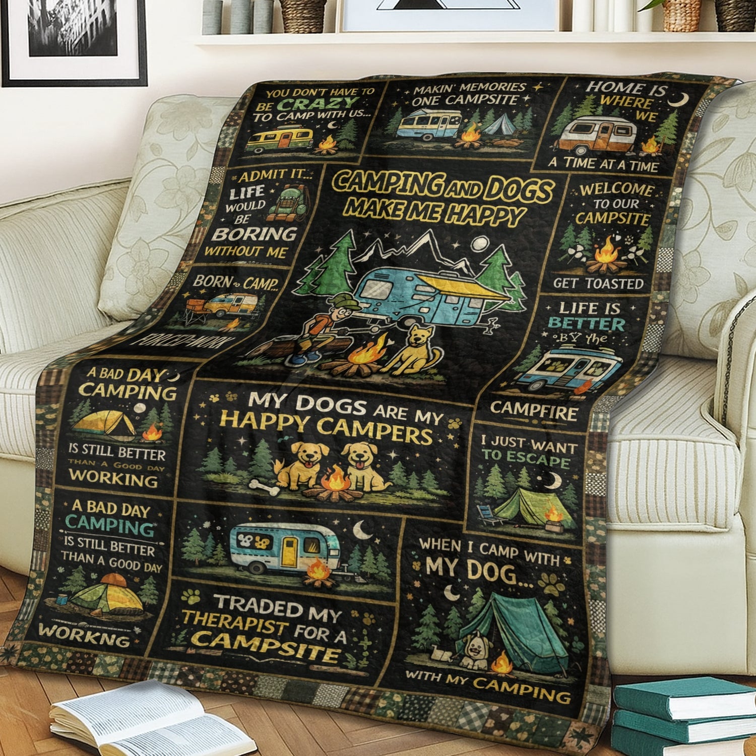 Personalized Camping and Dogs Make Me Happy Fleece Blanket – Funny Dog Lover Camping Gift Throw
