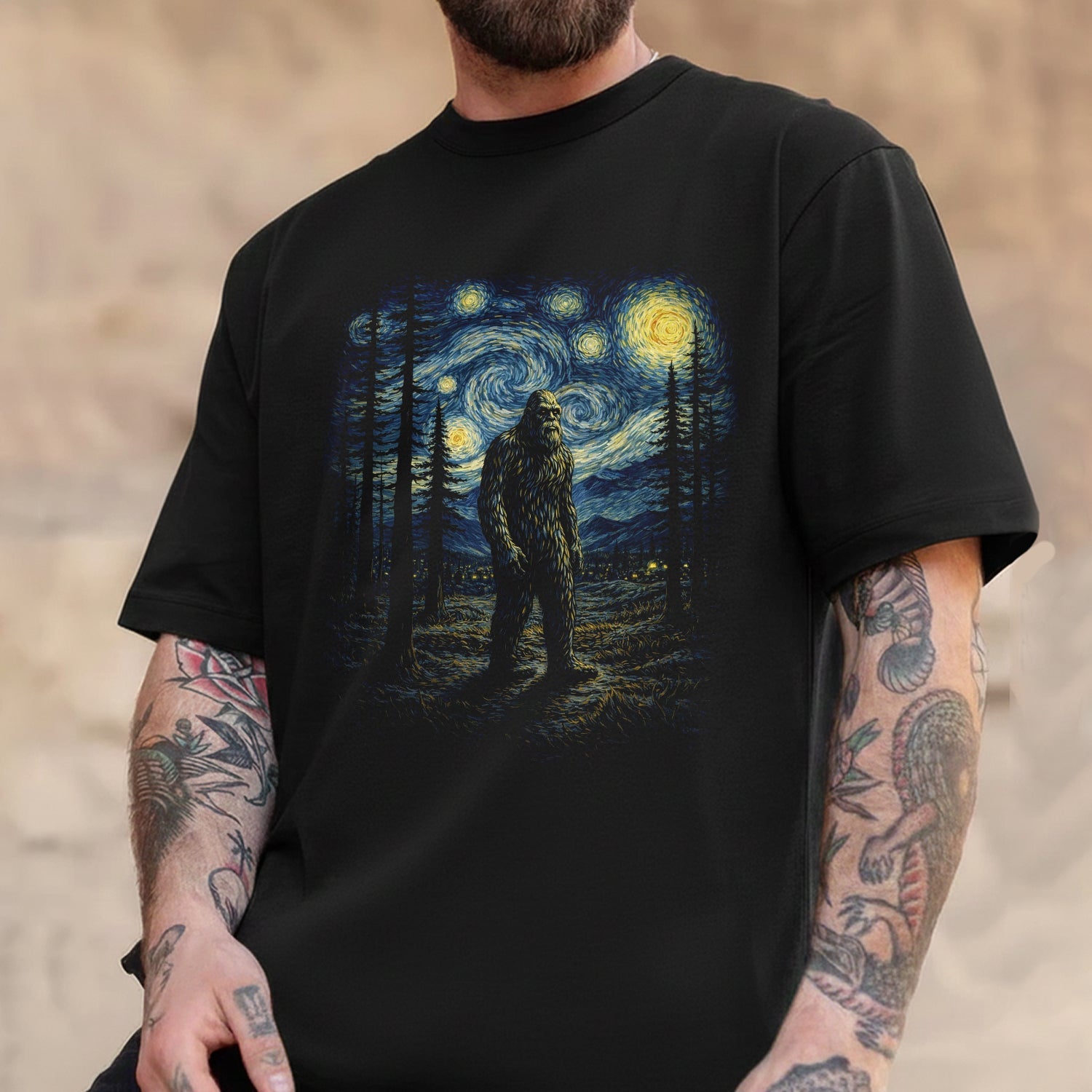 Starry Night Bigfoot T-Shirt – Van Gogh Style Sasquatch Art Graphic Tee, Artistic Cryptid Night Sky Shirt