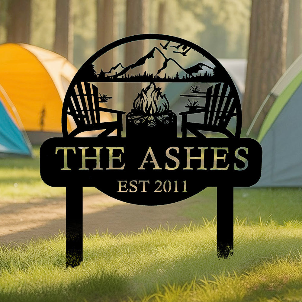 Personalized Metal Campfire Sign – Custom Family Camping Sign with Name & Year – Rustic Outdoor Fire Pit Yard Decor