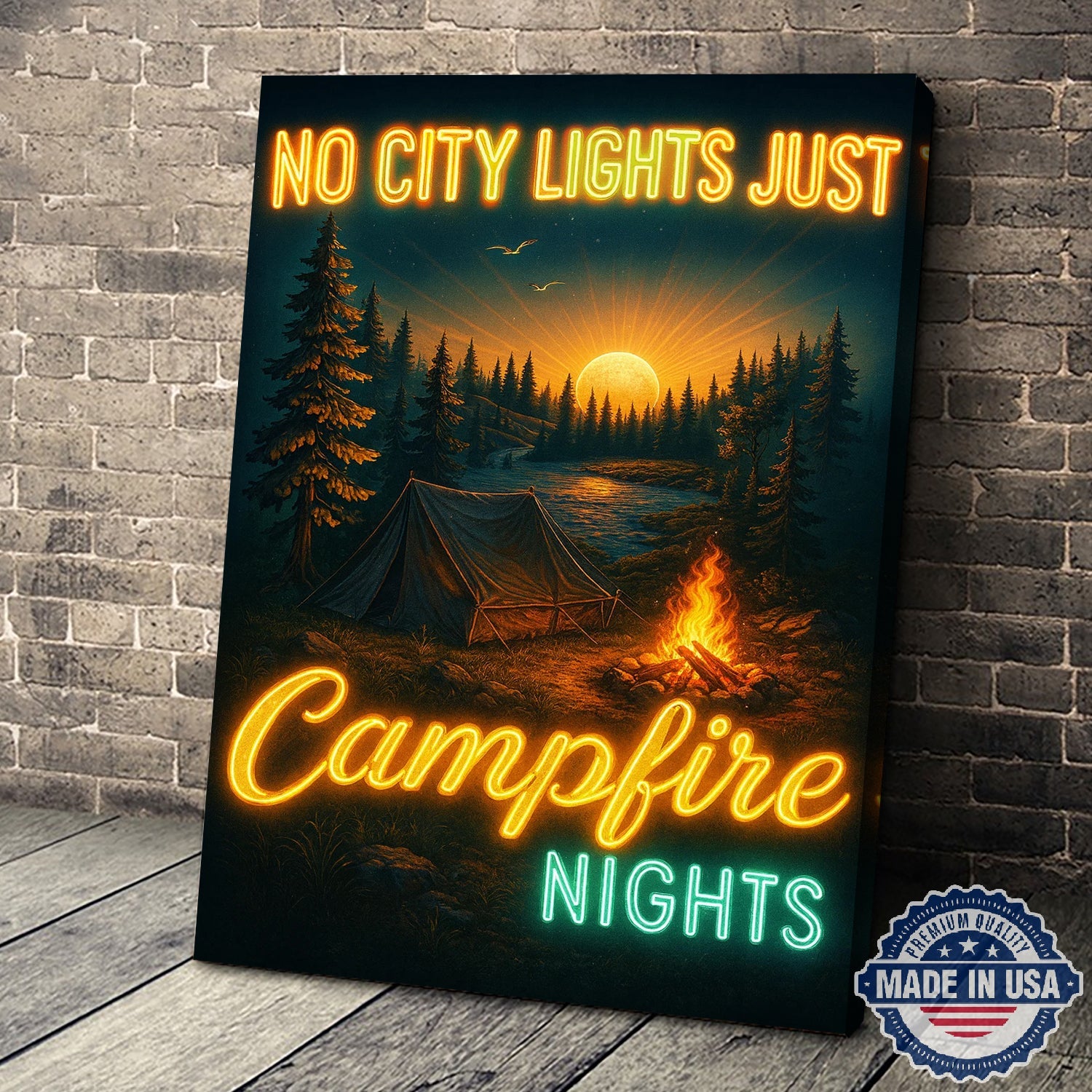 No City Lights Just Campfire Nights Canvas Wall Art – Neon Camping Quote with Forest Lake Sunset, Cozy Outdoor Adventure Home Decor