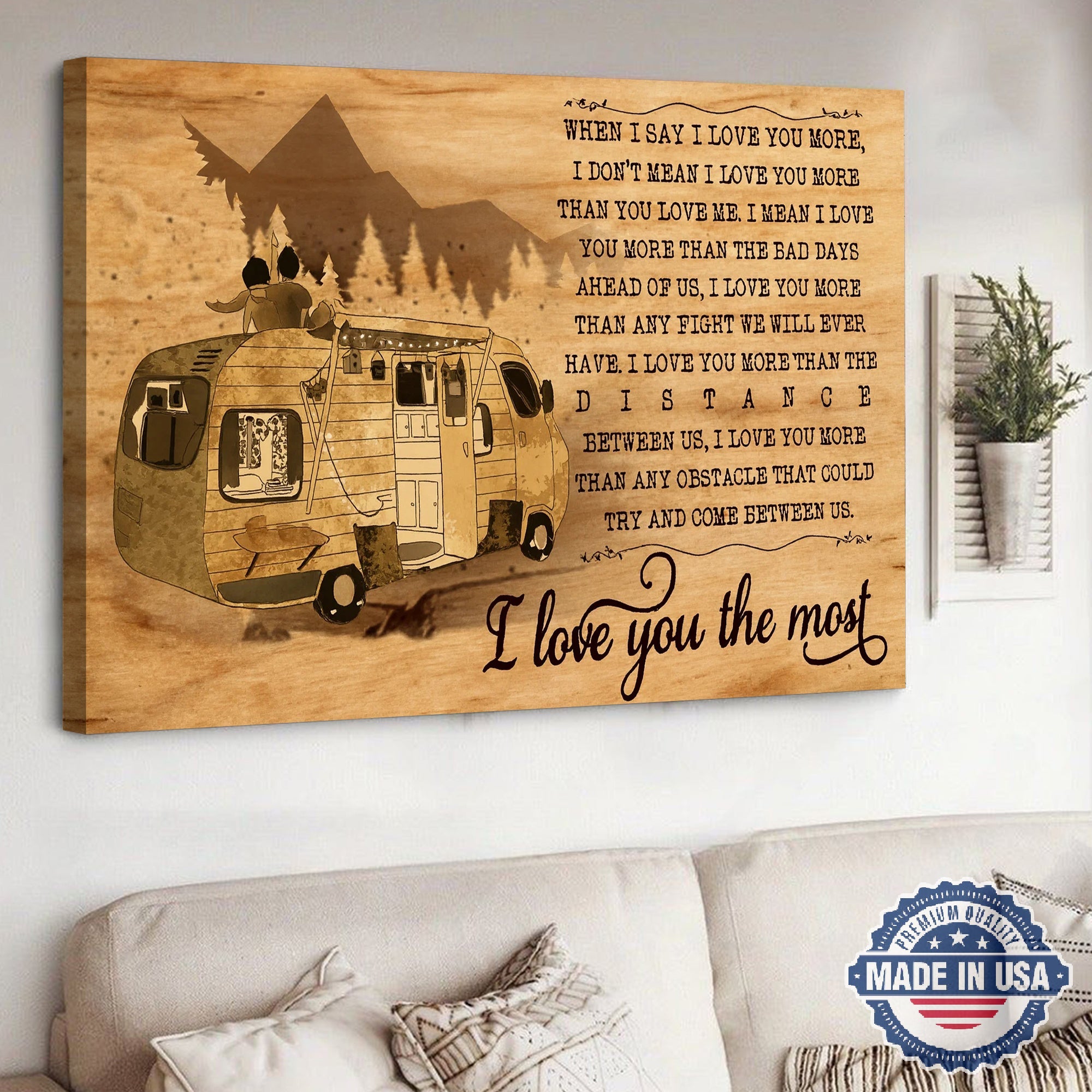Personalized Camping Love Canvas – Romantic RV Couple Wall Art “I Love You the Most” Rustic Anniversary & Valentine Gift