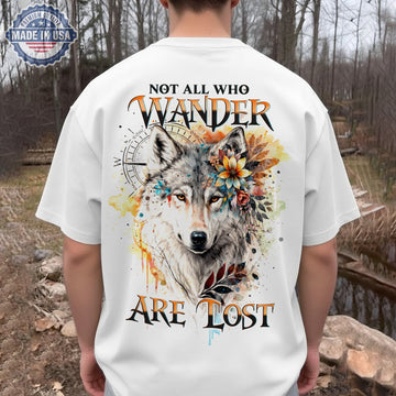 Not All Who Wander Are Lost Wolf T-Shirt, Boho Floral Wolf Compass Graphic Tee, Wilderness Spirit Nature Lover Shirt for Men & Women