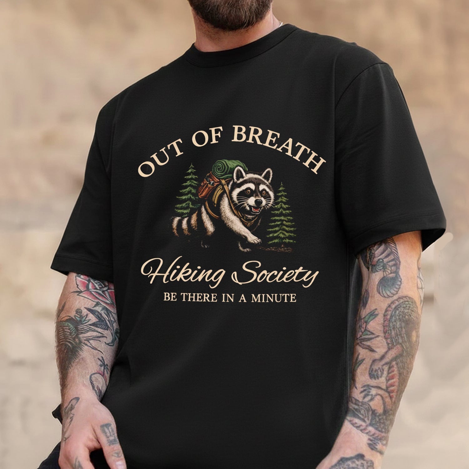 Out of Breath Hiking Society T-Shirt – Funny Raccoon Backpacker Graphic Tee, Hiking Humor Outdoor Adventure Shirt