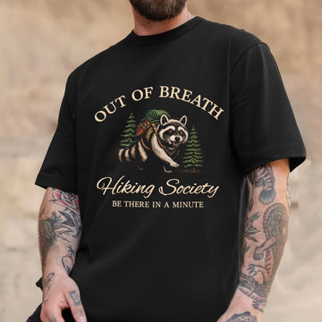 Out of Breath Hiking Society T-Shirt – Funny Raccoon Backpacker Graphic Tee, Hiking Humor Outdoor Adventure Shirt