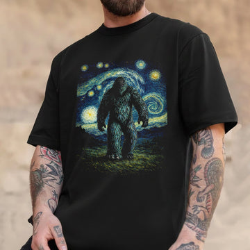 Starry Night Sasquatch T-Shirt – Bigfoot Inspired Van Gogh Art Graphic Tee, Cryptid Night Sky Aesthetic Shirt