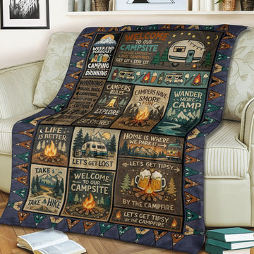 Funny Camping Fleece Blanket – Welcome To Our Campsite Campfire Beer Throw Gift