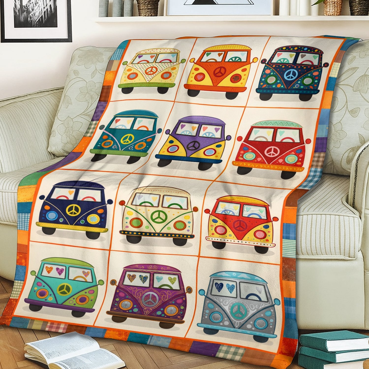 Cute Retro Camper Vans Fleece Blanket – Peace & Love Colorful Van Throw for Van Life & Hippie Lovers