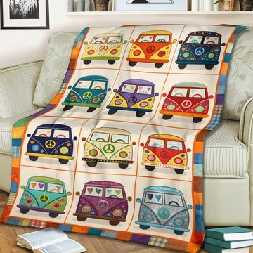 Cute Retro Camper Vans Fleece Blanket – Peace & Love Colorful Van Throw for Van Life & Hippie Lovers