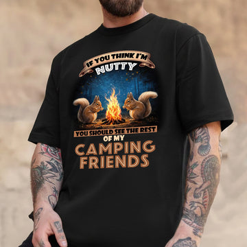 Funny Camping Friends T-Shirt – Nutty Squirrels Around Campfire, Humor Outdoor Camping Graphic Tee