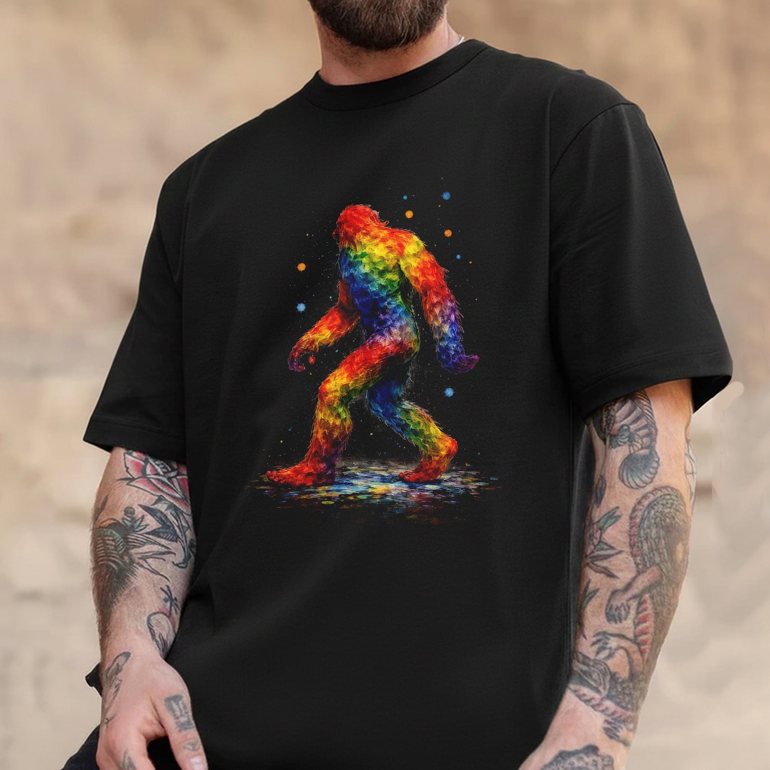 Rainbow Bigfoot T-Shirt – Colorful Sasquatch Art Graphic Tee, Abstract Pride Style Cryptid Shirt