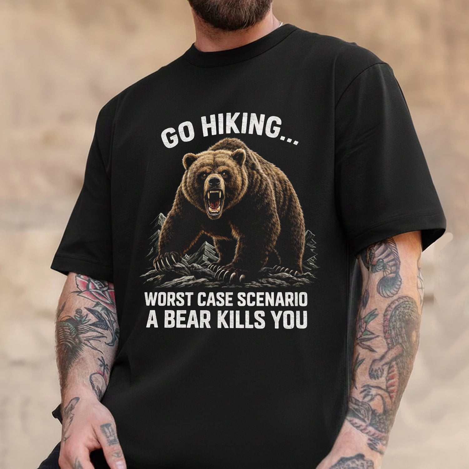 Go Hiking Worst Case Scenario Bear T-Shirt – Funny Grizzly Bear Graphic Tee, Dark Humor Outdoor Hiking Shirt