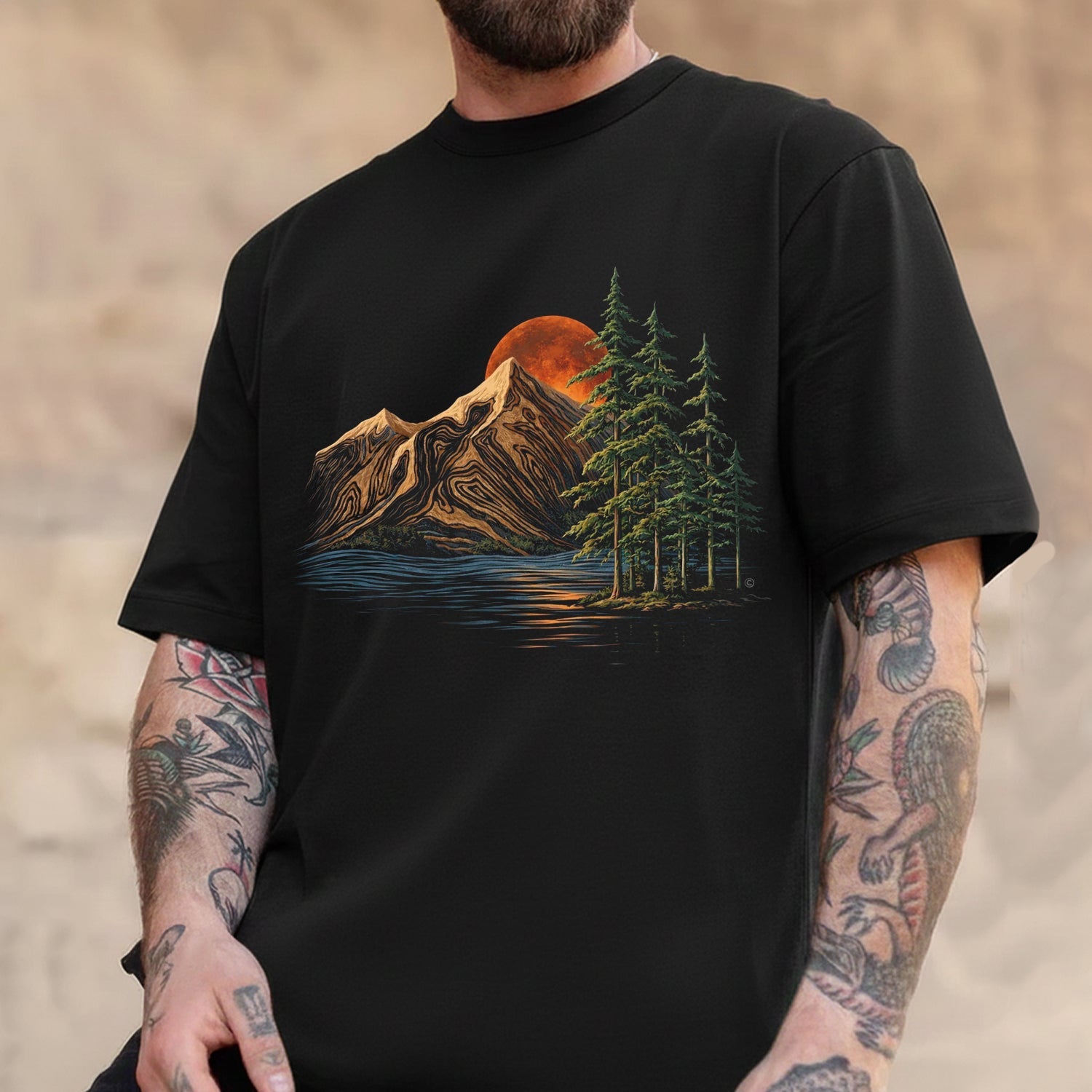 Mountain Lake Sunset T-Shirt – Minimalist Nature Landscape Graphic Tee, Pine Forest Outdoor Art Shirt