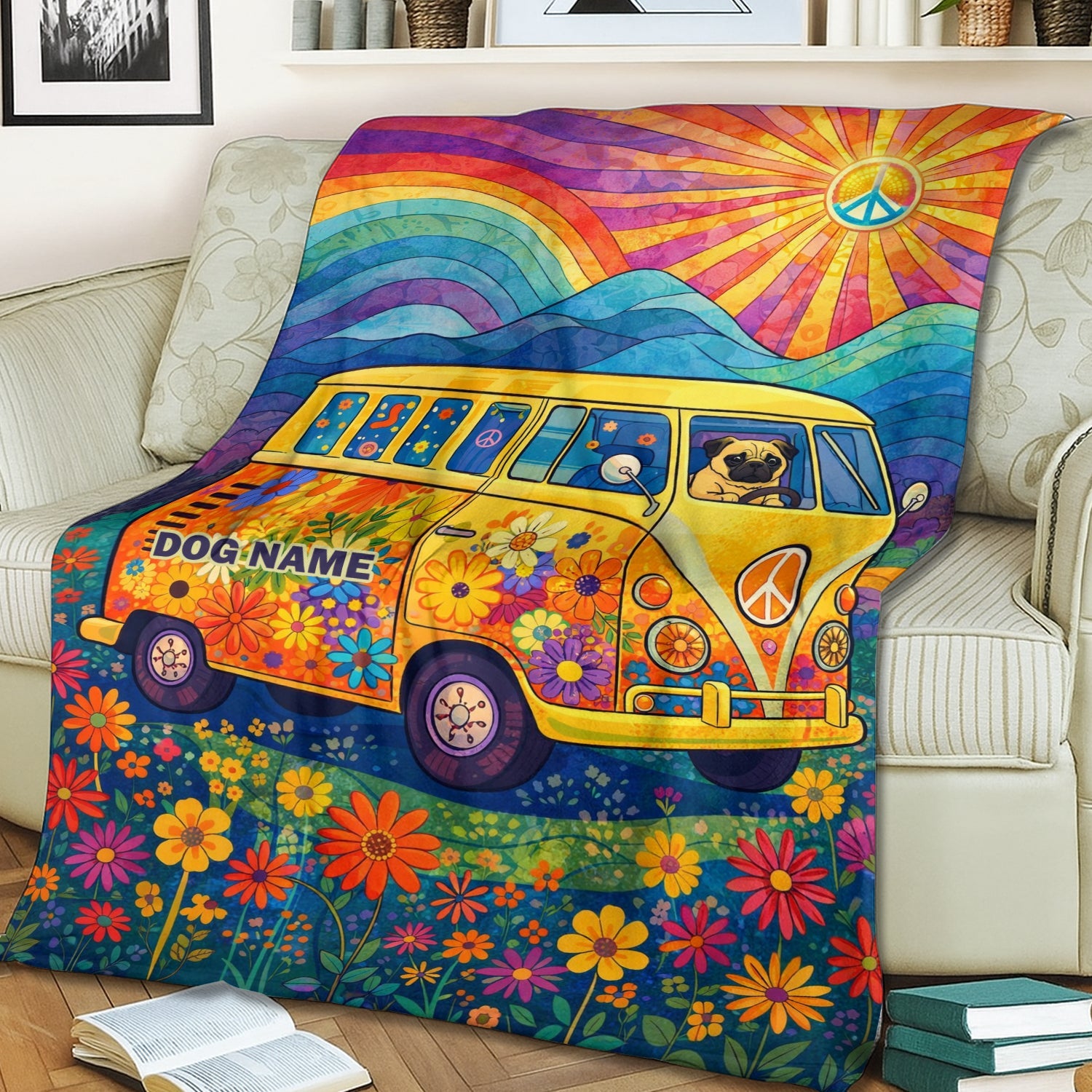 Custom Dog Name Hippie Van Fleece Blanket – Peace & Love Psychedelic Throw for Dog Parents