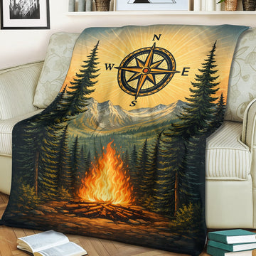 Rustic Compass Camping Blanket – Mountain Campfire Outdoor Throw Gift