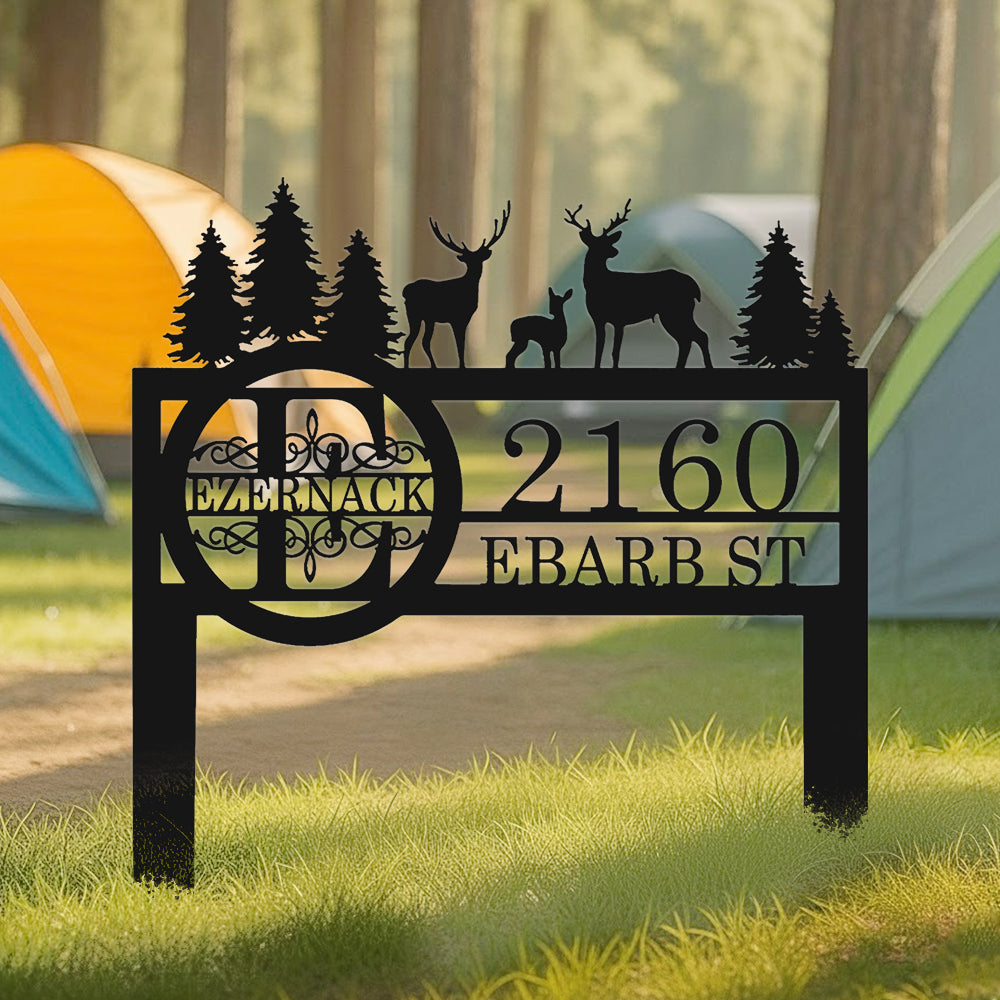 Personalized Metal Address Sign with Deer & Trees – Custom Outdoor Camping Yard Sign – Rustic Wildlife Home Address Plaque