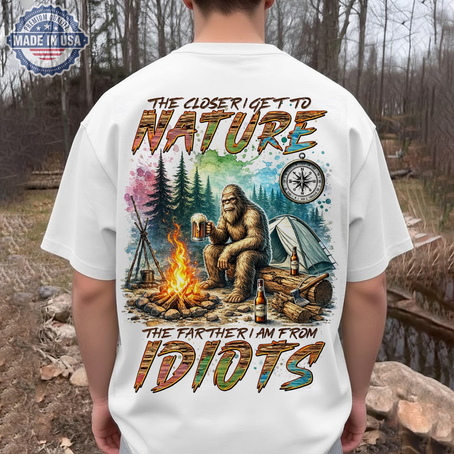 The Closer I Get To Nature Bigfoot Campfire T-Shirt, Sasquatch Beer Camping Graphic Tee, Funny Anti Social Outdoor Shirt