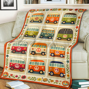 Retro Hippie Van Fleece Blanket – Peace & Love Camper Van Throw for Van Life & Boho Lovers