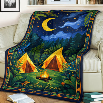Personalized Night Camping Fleece Blanket – Custom Moon & Tent Throw, Cozy Outdoor Gift for Camping Lovers