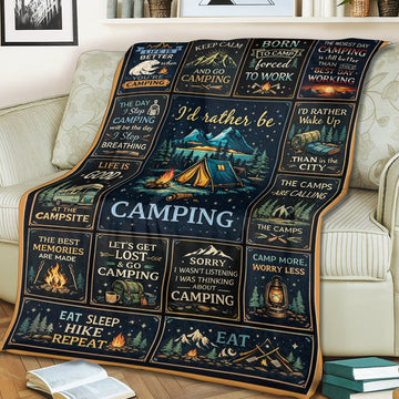 I’d Rather Be Camping Blanket – Vintage Camping Quotes Throw, Cozy Gift for Outdoor Lovers