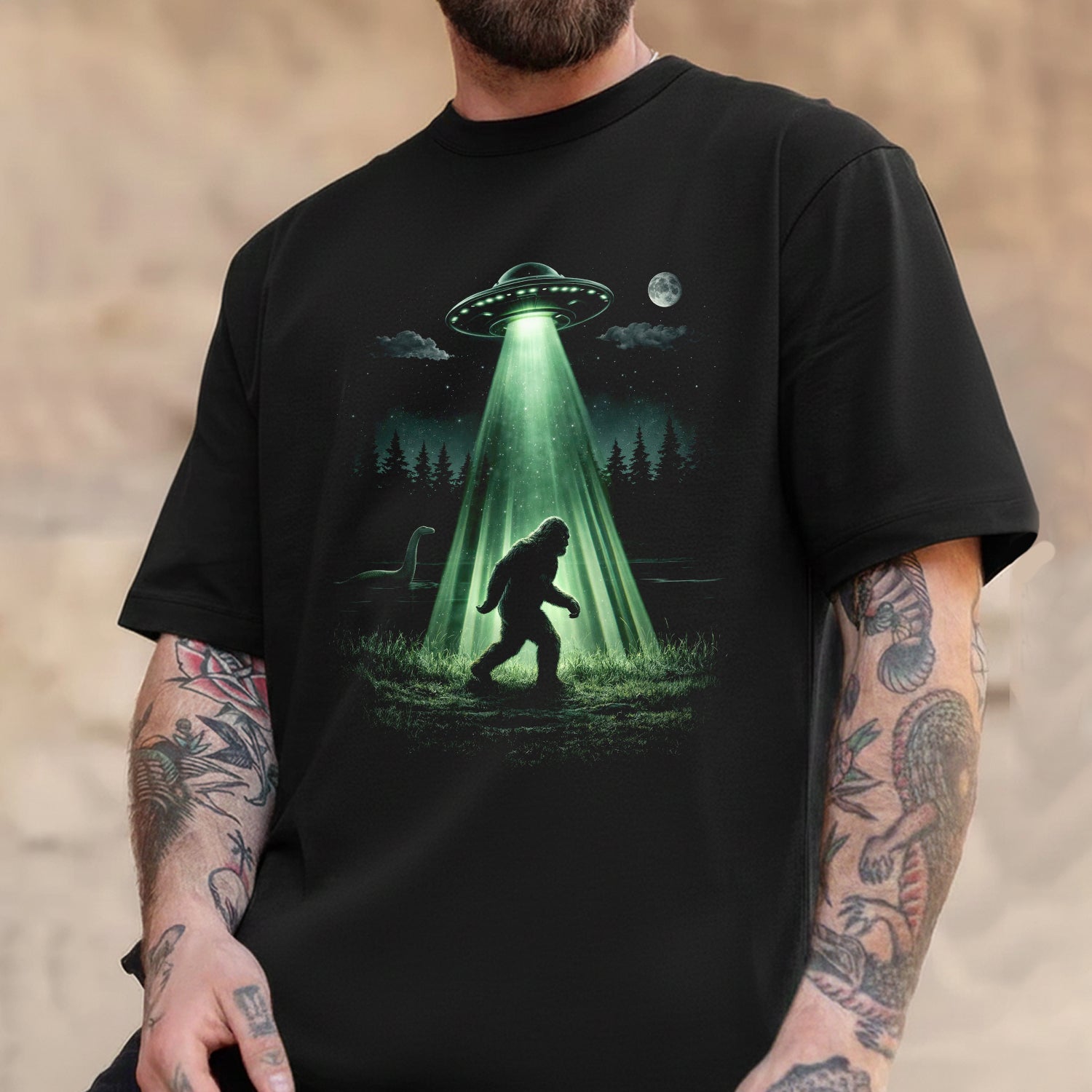 UFO Abduction Bigfoot T-Shirt – Sasquatch Alien Encounter Graphic Tee, Sci-Fi Cryptid Night Forest Shirt
