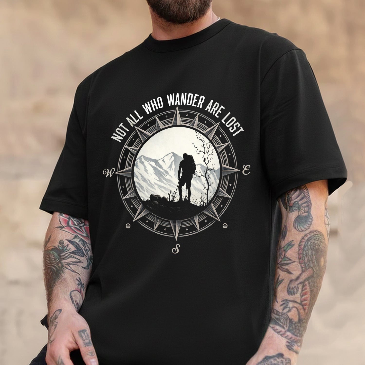 Not All Who Wander Are Lost T-Shirt – Minimalist Compass & Hiker Graphic Shirt for Hiking, Travel & Outdoor Adventure Lovers