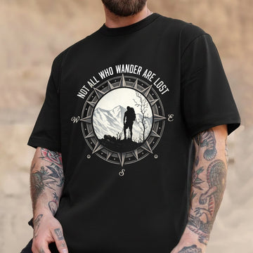 Not All Who Wander Are Lost T-Shirt – Minimalist Compass & Hiker Graphic Shirt for Hiking, Travel & Outdoor Adventure Lovers