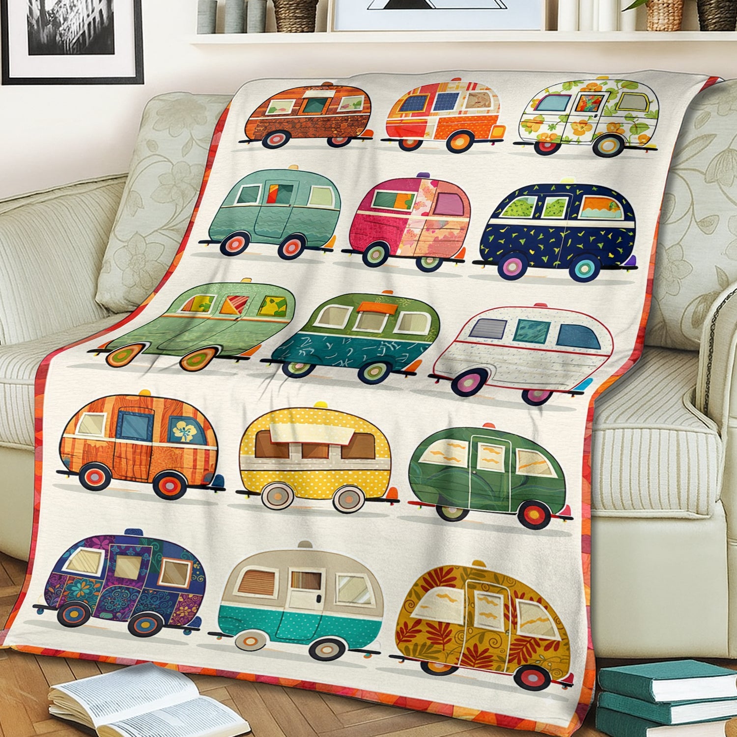 Retro Camper Trailer Blanket – Vintage RV Camping Throw Gift for Travel Lovers