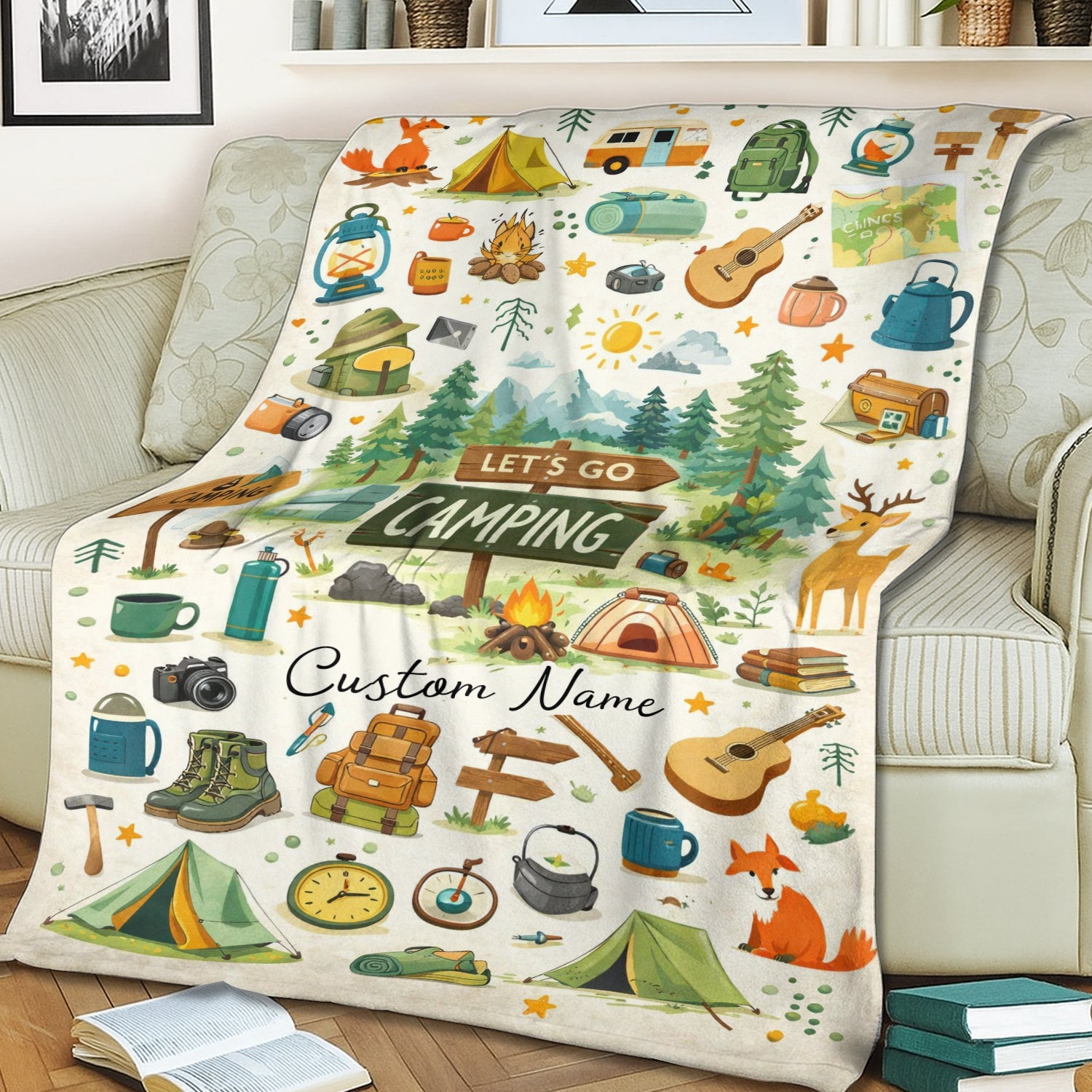 Personalized Let’s Go Camping Blanket – Custom Camper Throw, Cute Outdoor Gift for Camping Lovers