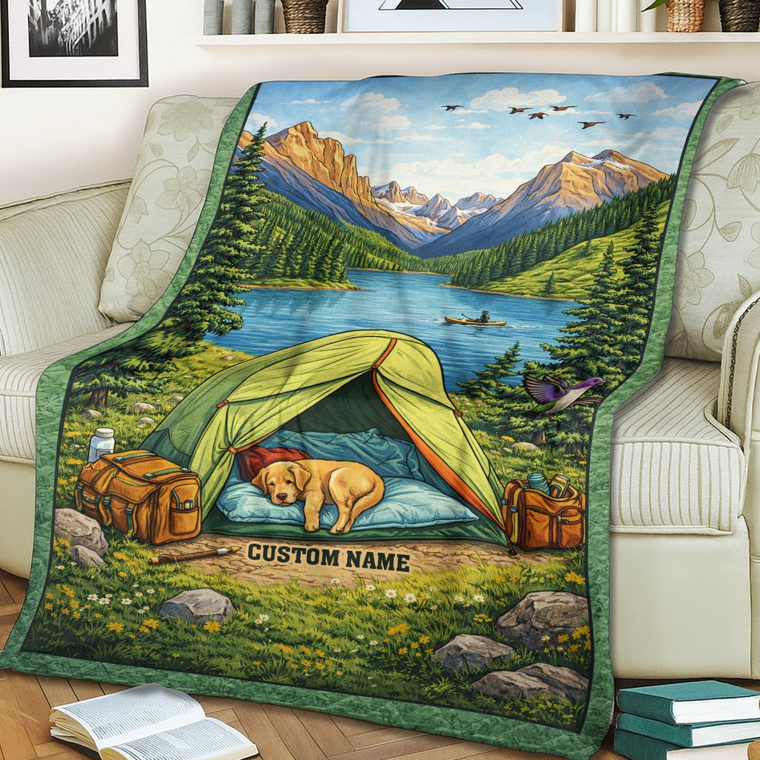 Personalized Dog Camping Fleece Blanket – Custom Name Lake Tent Dog Throw for Dog Lovers & Outdoor Decor