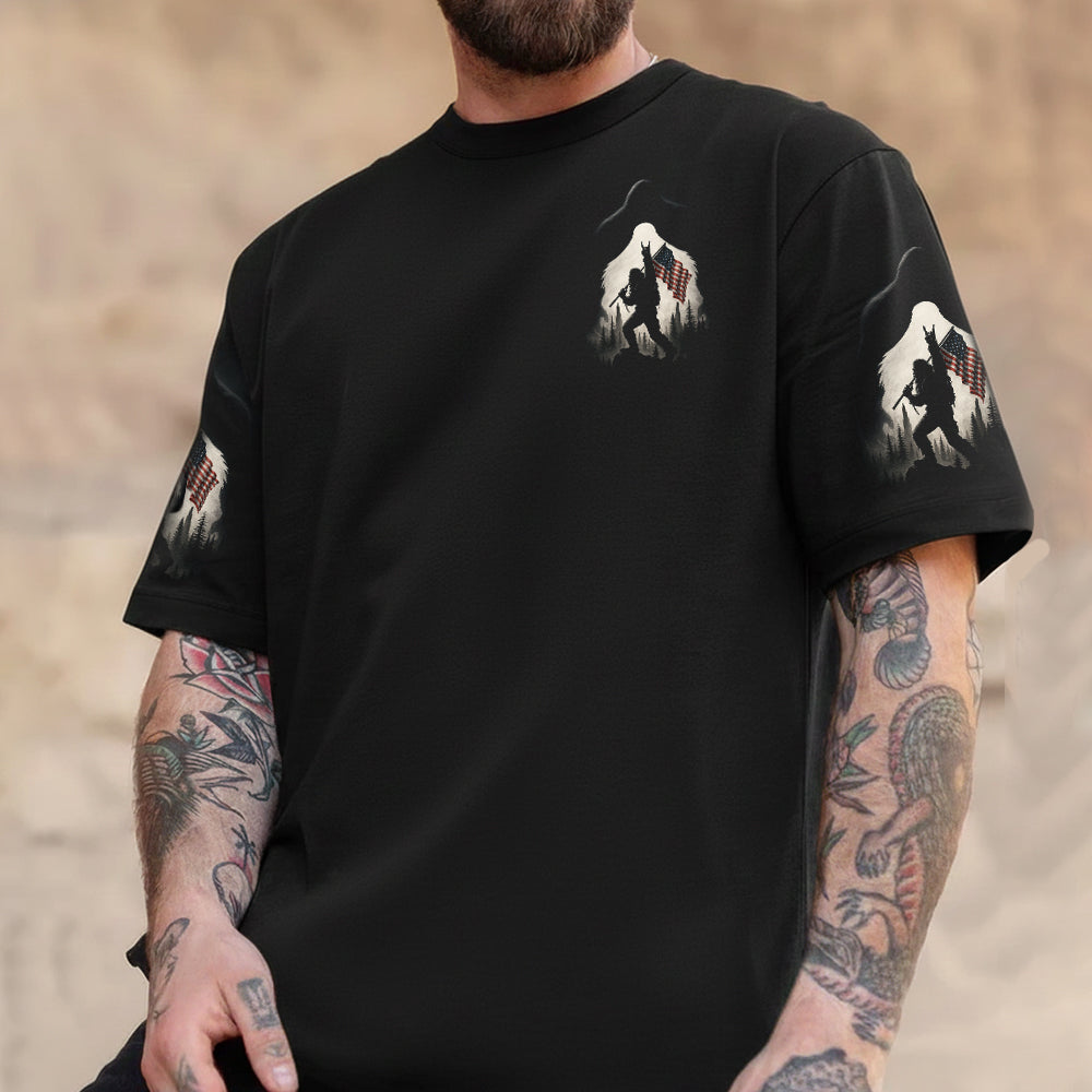 Patriotic Bigfoot T-Shirt – Sasquatch American Flag Forest Graphic Tee, Vintage Outdoor Freedom Apparel