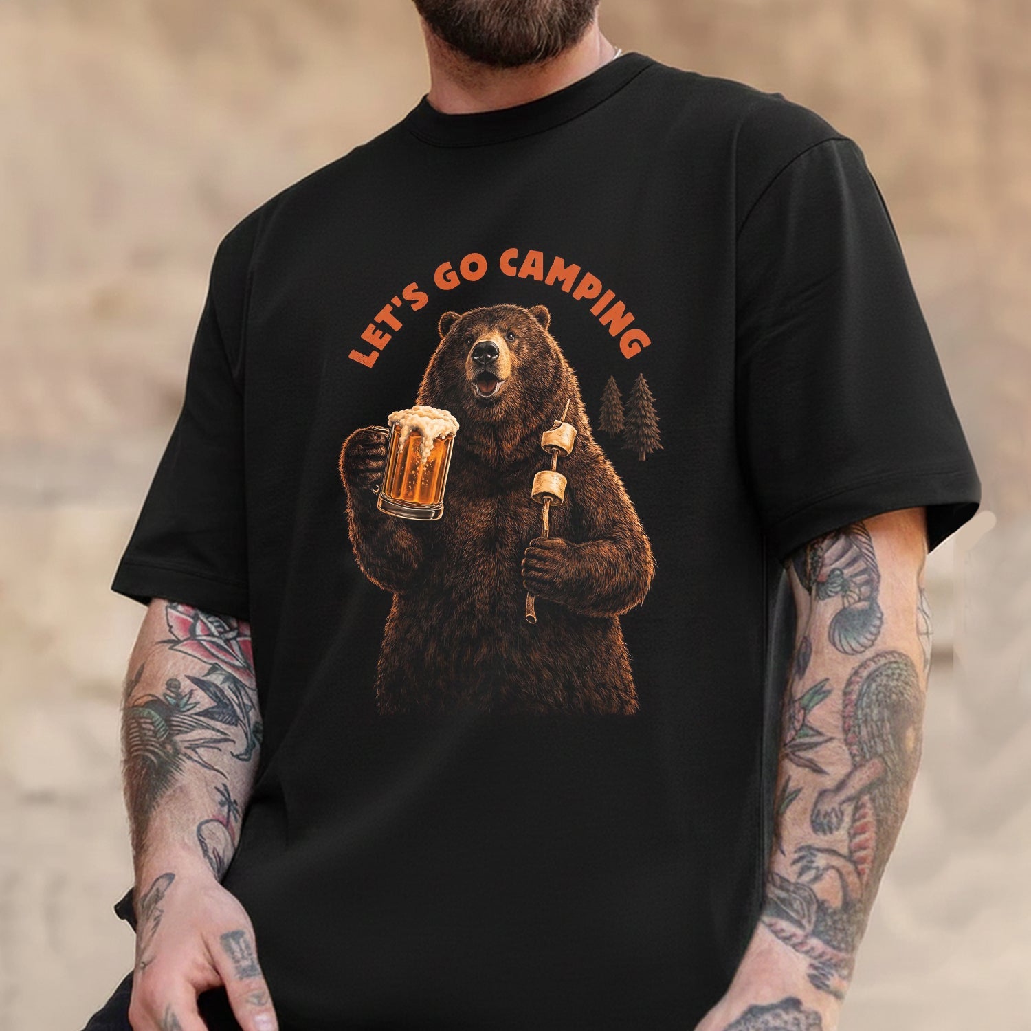 Let’s Go Camping Bear Beer T-Shirt, Funny Camping Bear Marshmallow Graphic Tee, Outdoor Campfire Adventure Shirt