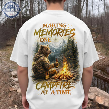 Making Memories One Campfire At A Time Bear T-Shirt, Camping Bear Beer Graphic Tee, Cozy Outdoor Campfire Nature Shirt