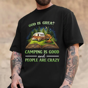 Christian Camping Quote T-Shirt – Faith-Inspired Outdoor Graphic Tee, Vintage Camper & Forest Night Design, Funny Nature Lover Apparel
