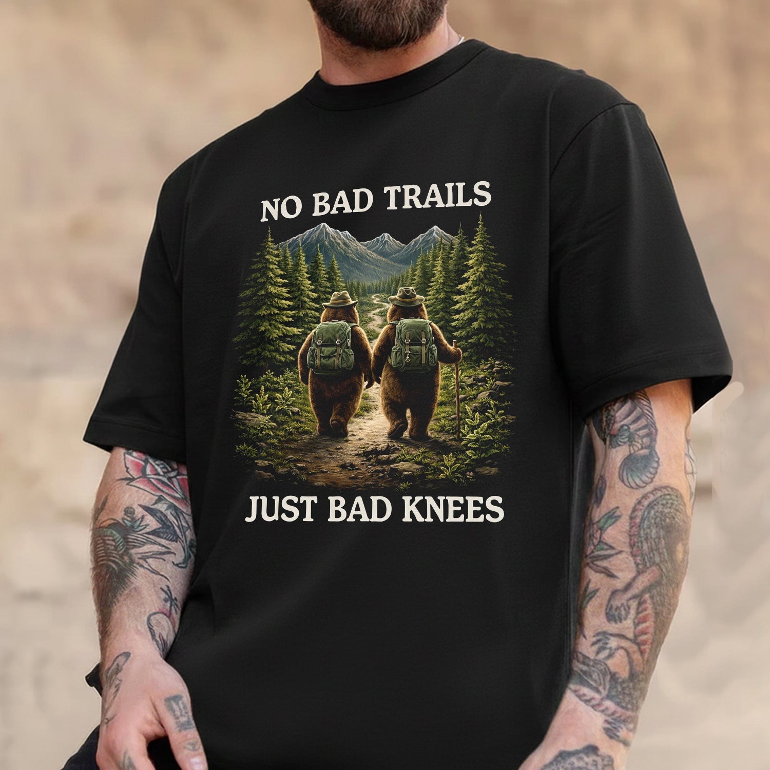 No Bad Trails Just Bad Knees Bear Hiking T-Shirt, Funny Mountain Backpack Adventure Tee, Outdoor Nature Lover Shirt