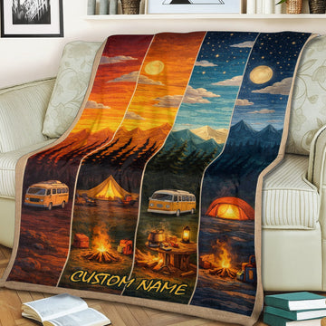 Personalized Sunset Camping Blanket – Custom Name Mountain Campfire RV Gift