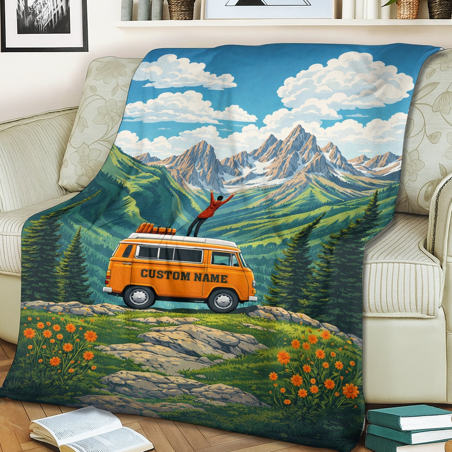 Personalized Travel Adventure Fleece Blanket – Camper Van Mountain Throw for Retirement & New Chapter Gifts