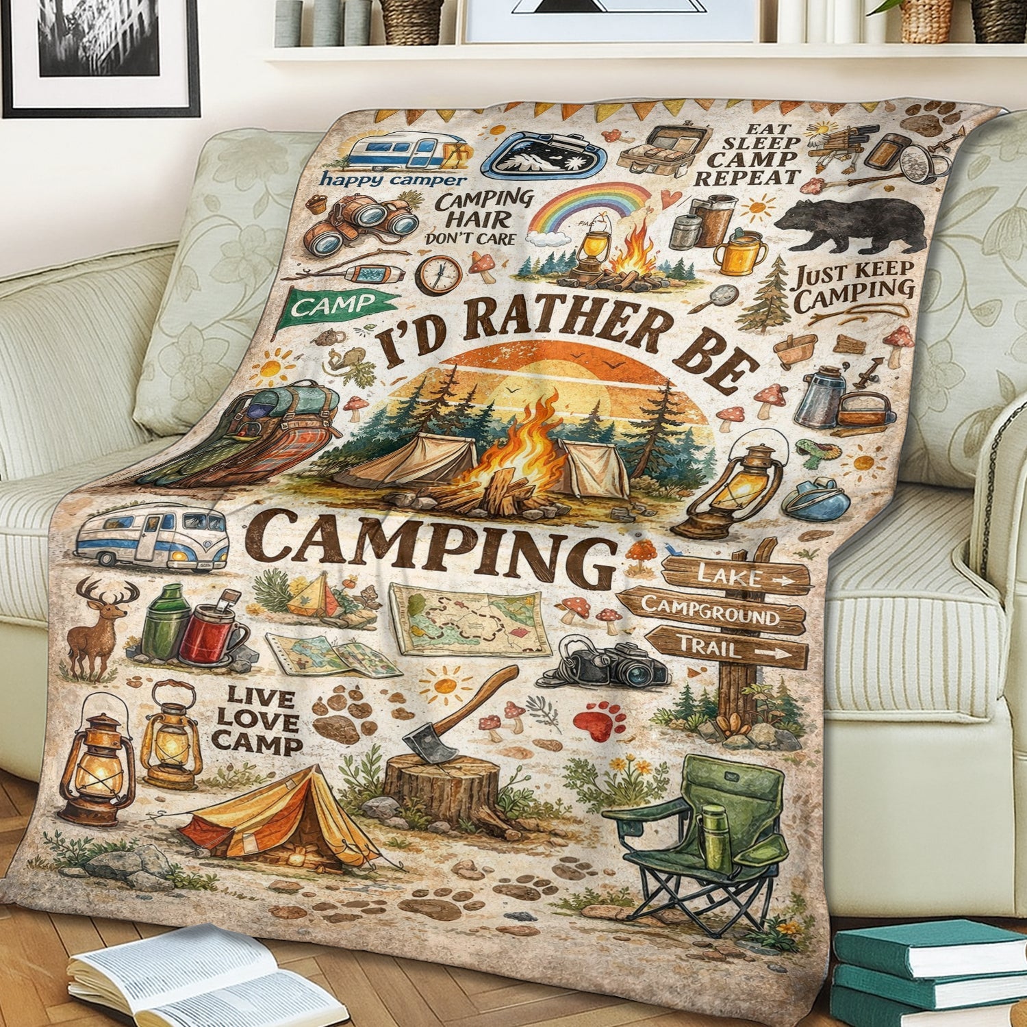 Personalized I’d Rather Be Camping Blanket – Cozy Camper Throw, Funny Camping Gift for Outdoor Lovers