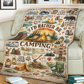 Personalized I’d Rather Be Camping Blanket – Cozy Camper Throw, Funny Camping Gift for Outdoor Lovers